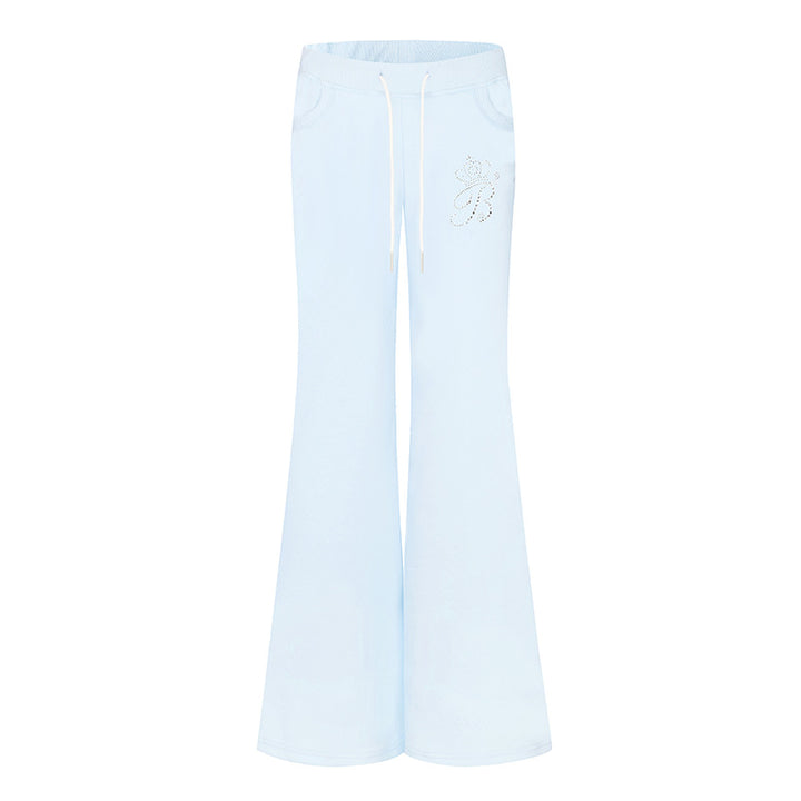 Women Flared Lounge Pants with High Comfort Waistband, Drawstring and Rhinestone Logo Mune Fashion