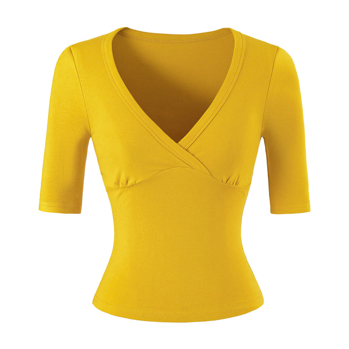 Women's body-hugging wrap shirt with deep V-neck, three-quarter sleeves, and waist accentuation Mune Fashion
