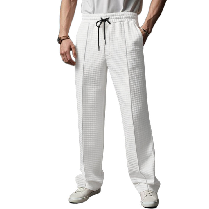 Men's Relaxed-Fit Leisure Pants with Textured Check Pattern, Elastic Waistband & Drawstring
