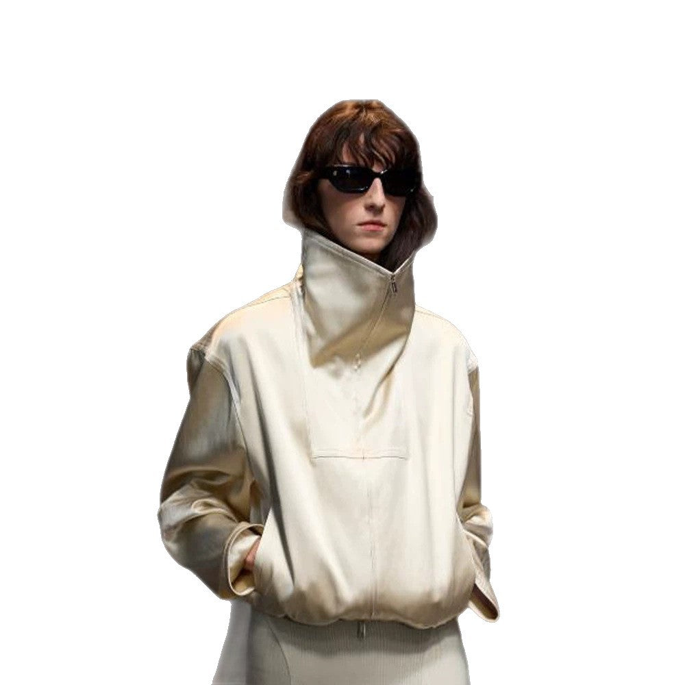 Women's Oversized Satin Bomber Jacket with High Standing Collar, Half Zipper and Elastic Hem