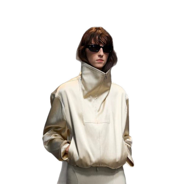 Women's Oversized Satin Bomber Jacket with High Standing Collar, Half Zipper and Elastic Hem