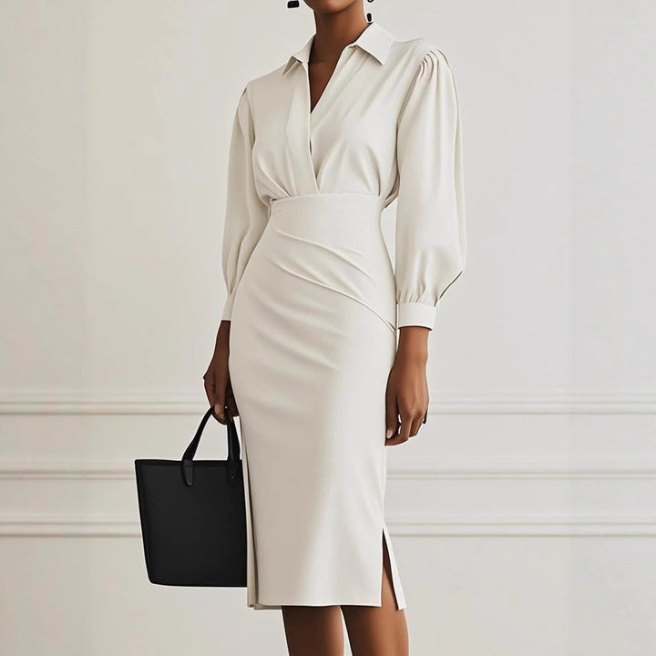 Ladies Elegant Wrap Dress with Sophisticated Collar and Tailored Silhouette Mune