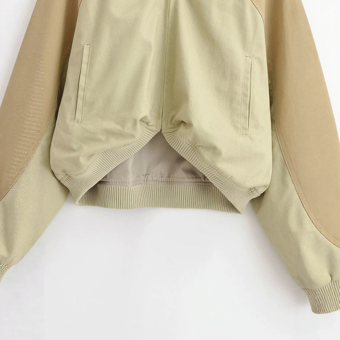 Women's Short Cut Colorblock Bomber Jacket with Raglan Sleeves and Ribbed Cuffs Mune Fashion