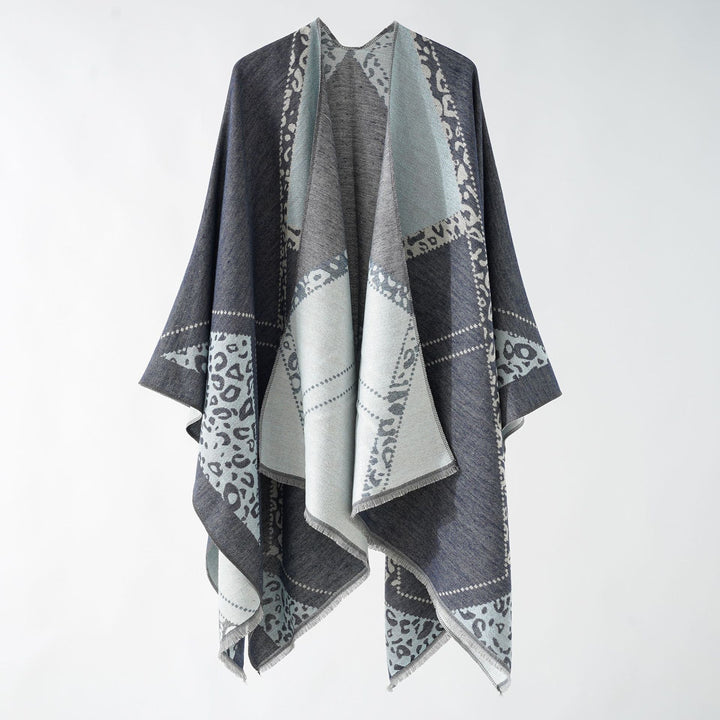 Women's Large Double-Face Jacquard Cape with Animal Patch and Fine Fringe Hem Mune Fashion