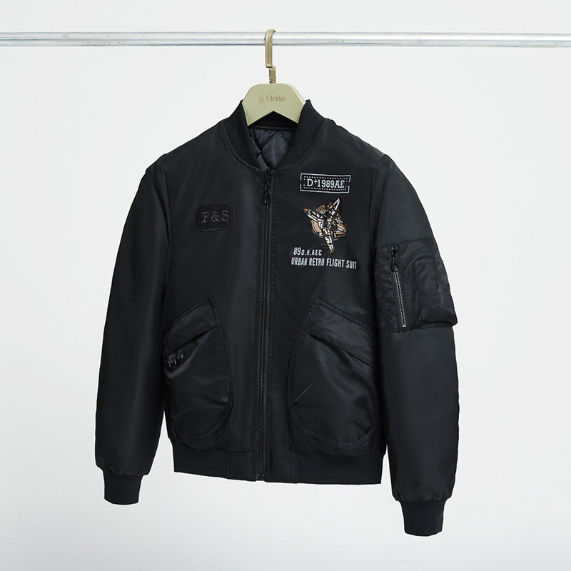 Men's  padded pilot-style bomber jacket with embroidered jet motif and dual angled front cargo pockets Mune Fashion