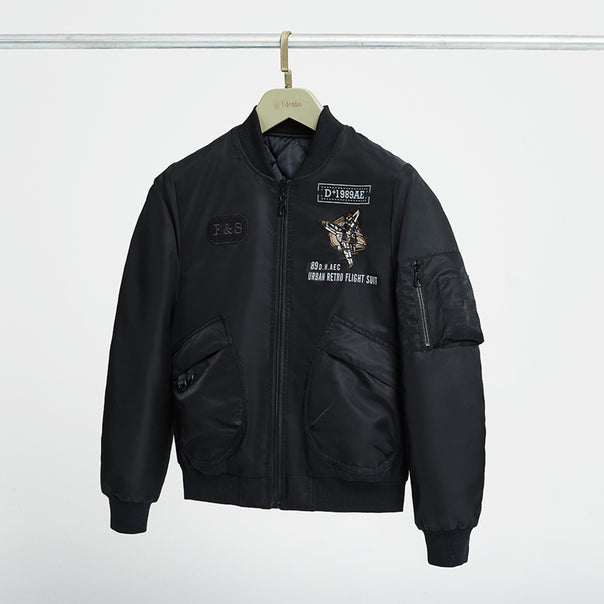 Men's  padded pilot-style bomber jacket with embroidered jet motif and dual angled front cargo pockets Mune Fashion