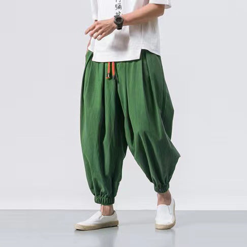 Men's loose harem pants with drawstring, elastic cuffs, and light cotton-linen blend Mune Fashion