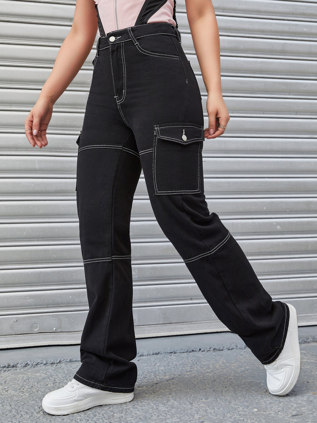Women's High-Waisted Cargo Pants with Contrast Stitching and Straight Leg Mune Fashion