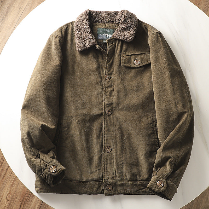 Men's non-padded cord jacket with teddy collar, button placket and patch pockets.
