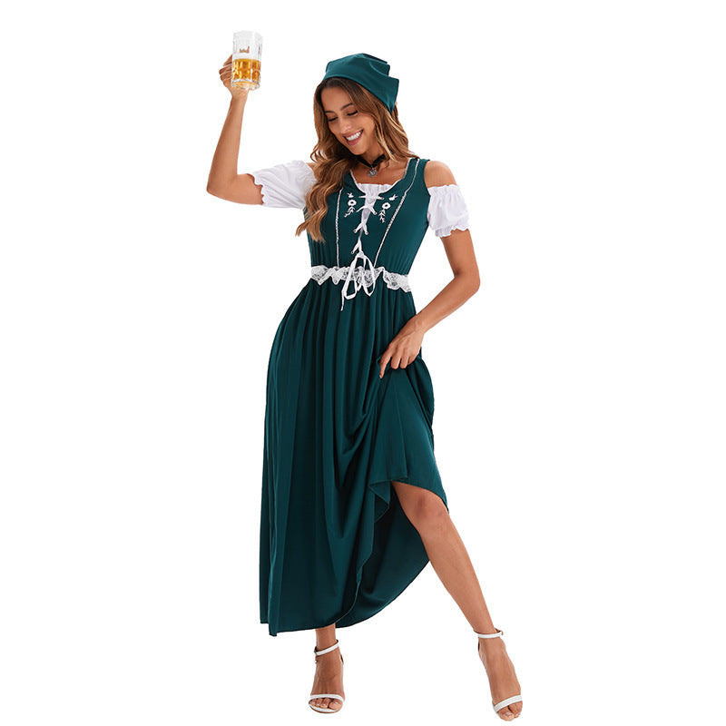 Ladies long traditional dress in dirndl style with corset lacing and lace waistband Mune Fashion