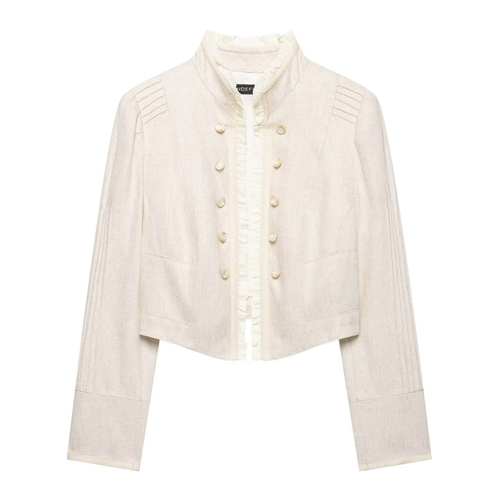 Women Cropped Jacket with Stand Collar, Pleated Sleeves and Ruffle Trim Mune Fashion