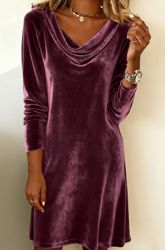 Women Elegant Velvet Mini Dress with Waterfall Neckline and Slim Silhouette Mune Fashion