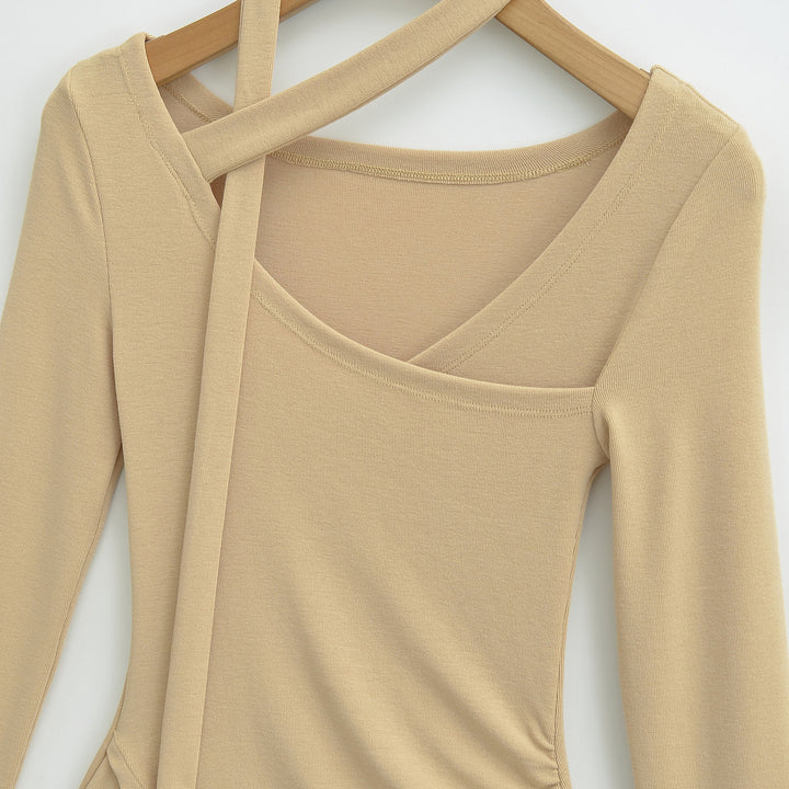 Women's asymmetrical fitted long sleeve top with wrap scarf, flared bell sleeves, and tiered peplum Mune Fashion