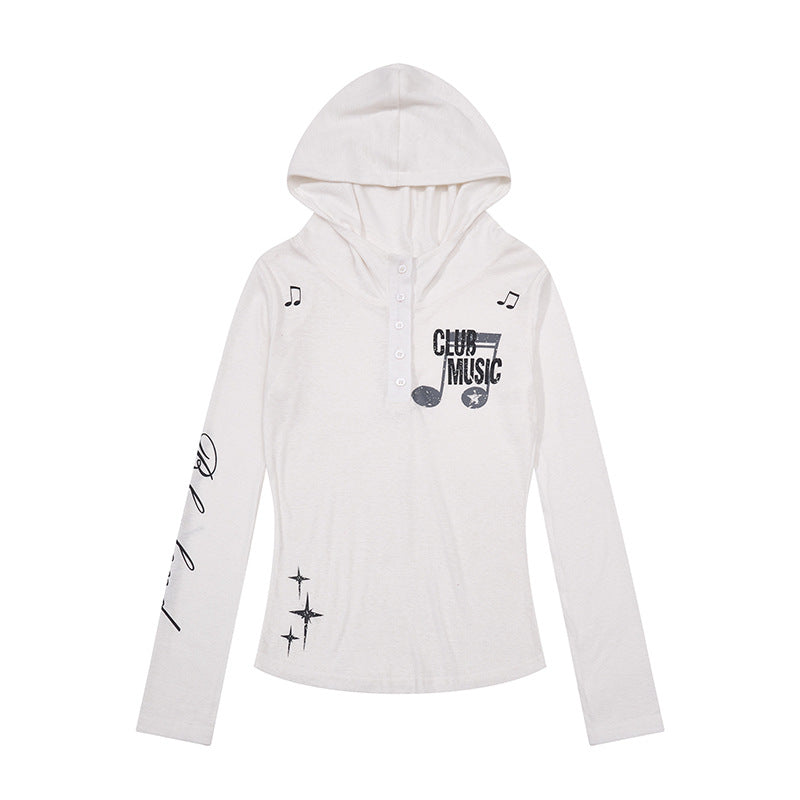 Women's Lightweight Long Sleeve Hoodie Henley Shirt with Button Placket, Hood and Music Print Mune Fashion