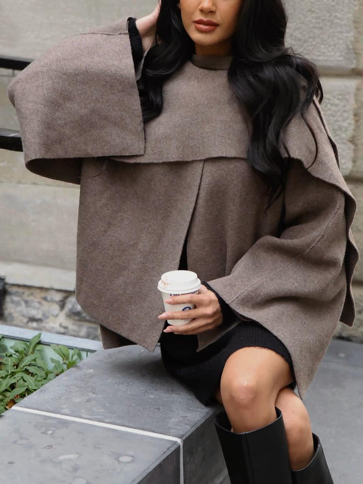 Women's Short Cape Jacket in Layered Look made of Wool Blend with Wide Batwing Sleeve Mune Fashion