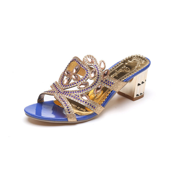 Ladies' embellished mule sandals with curved strap work, crystal embellishment, and metallic faceted block heel Mune Fashion