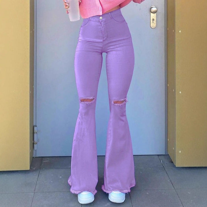 Women High-Rise Stretch Flared Jeans with Knee Rips, Flared Leg and Raw Hem Mune Fashion