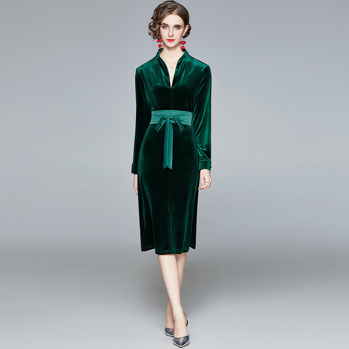 Women Velvet Midi Dress with Stand-up Collar and Fitted Tie Belt Mune Fashion