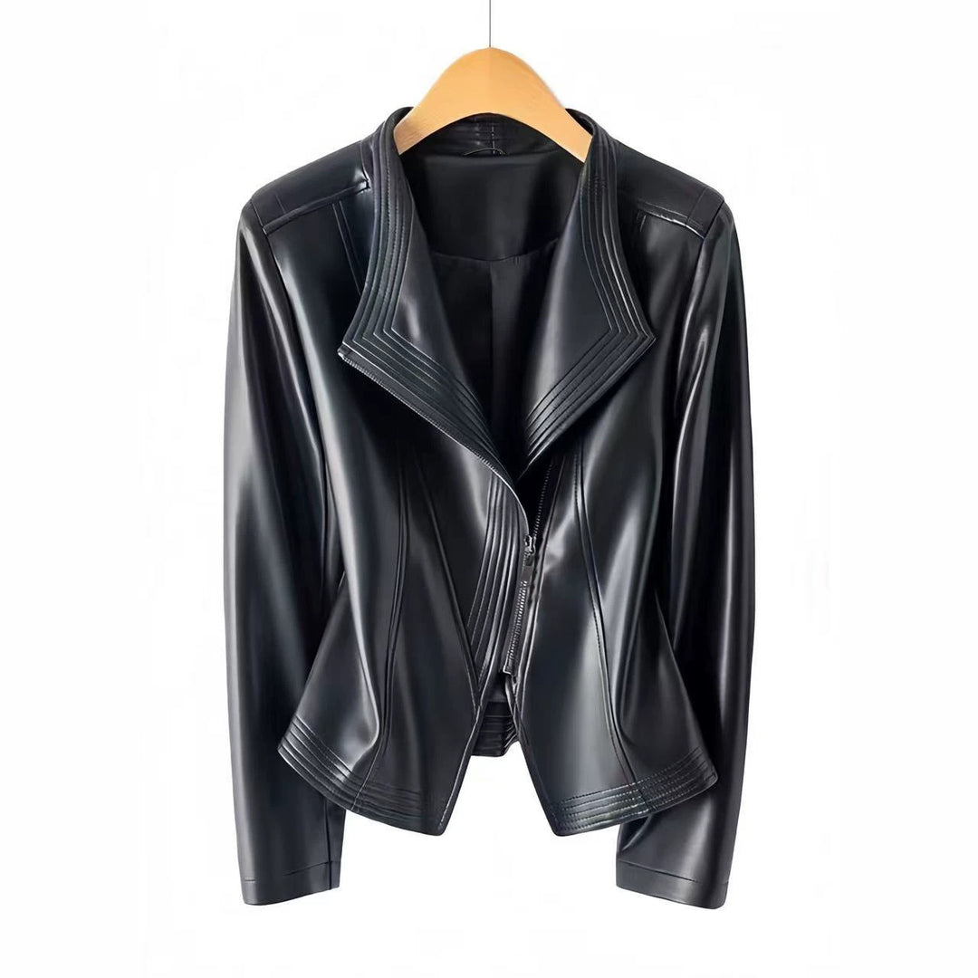 Women Fashionable Faux Leather Jacket with Asymmetrical Zipper Mune Fashion
