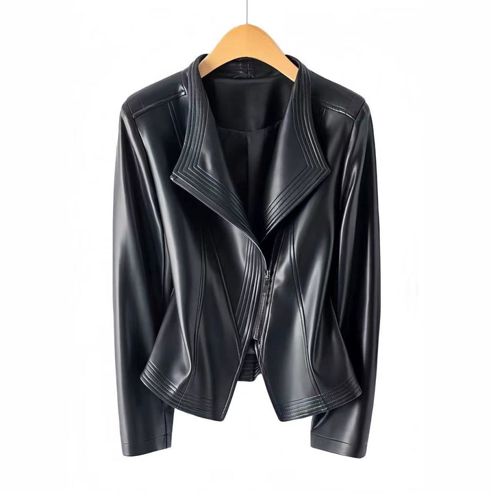 Women Fashionable Faux Leather Jacket with Asymmetrical Zipper Mune Fashion