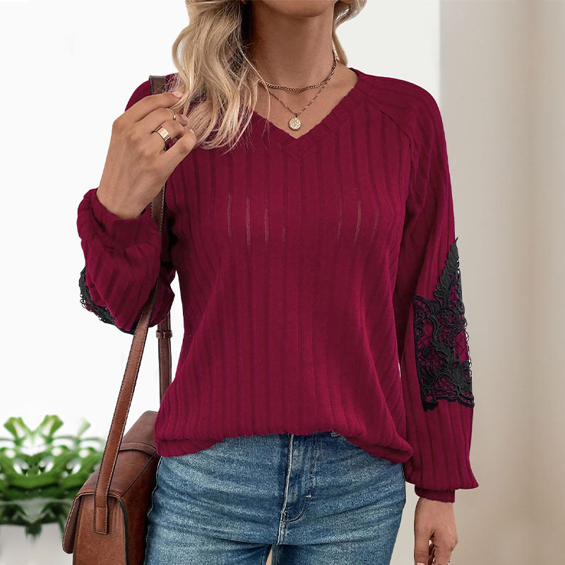 Ladies Light Ribbed Knit Sweater with V-Neck and Floral Lace Application on the Sleeves Mune Fashion