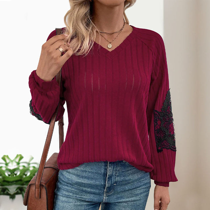 Ladies Light Ribbed Knit Sweater with V-Neck and Floral Lace Application on the Sleeves Mune Fashion