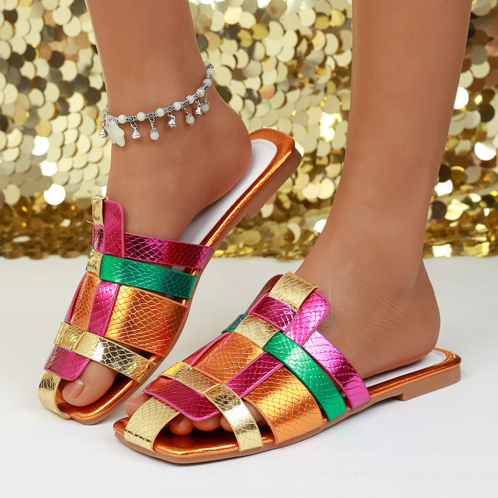 Ladies nan modern Belt Slipper with woven multilayer design and snake embossing Mune Fashion