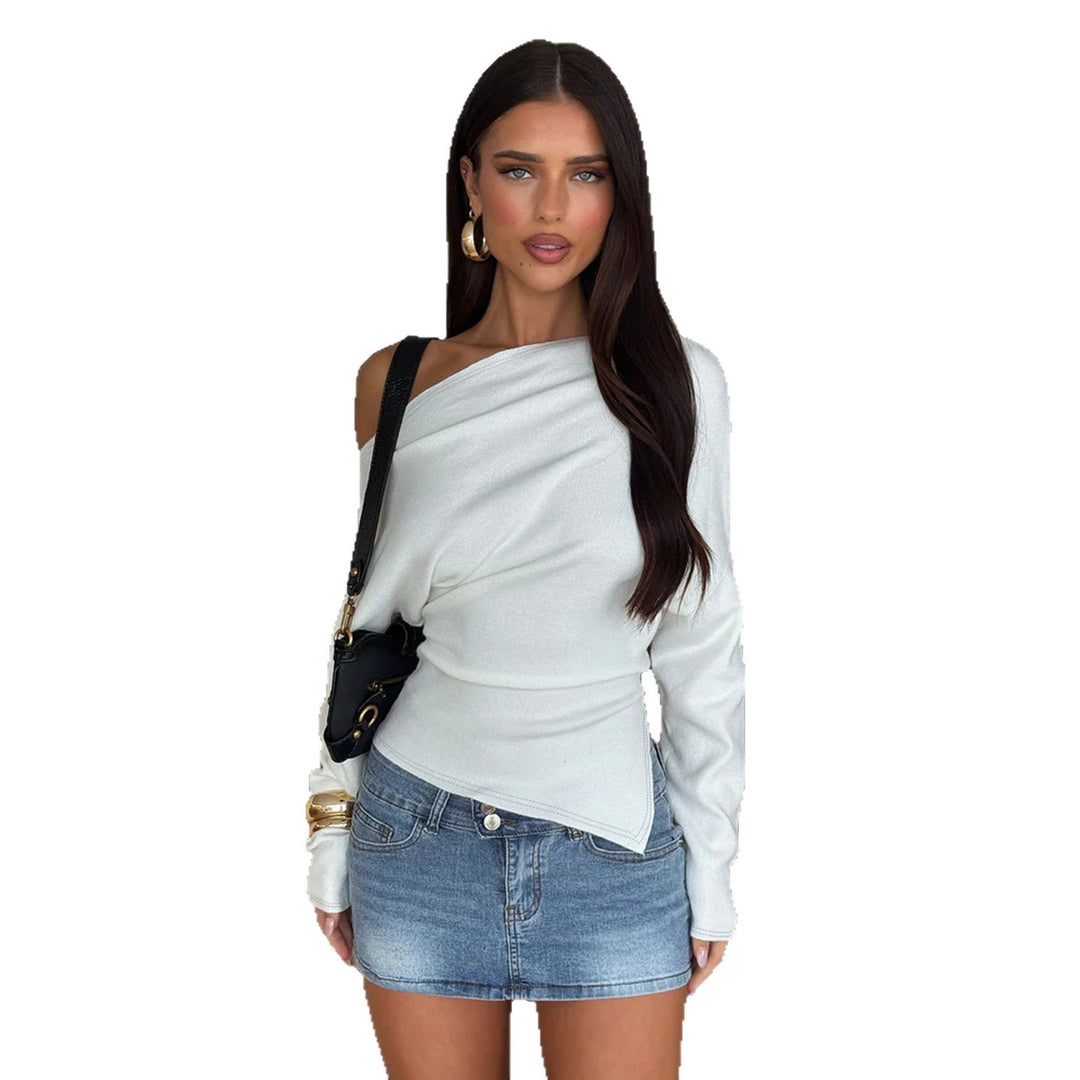 Women's figure-hugging stretch top with wide boat neckline and asymmetrical hem Mune Fashion