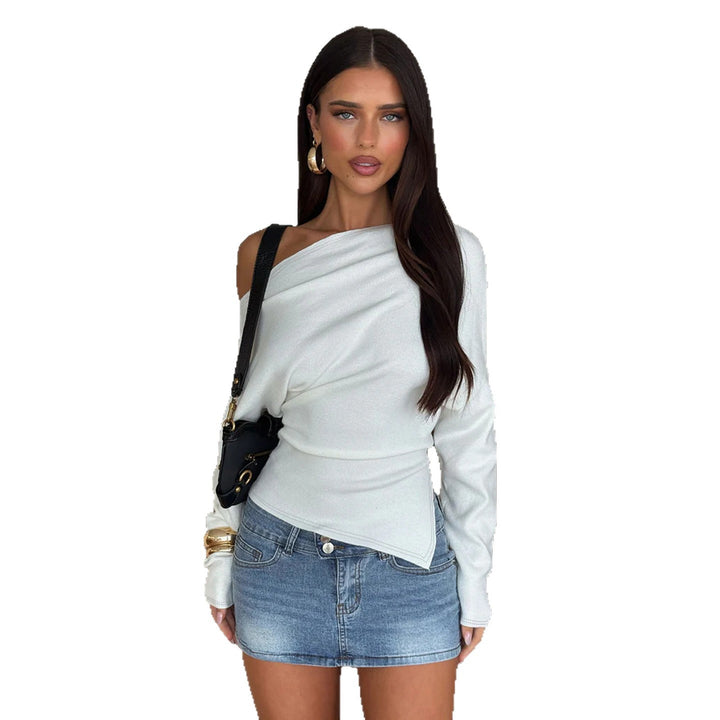 Women's figure-hugging stretch top with wide boat neckline and asymmetrical hem Mune Fashion