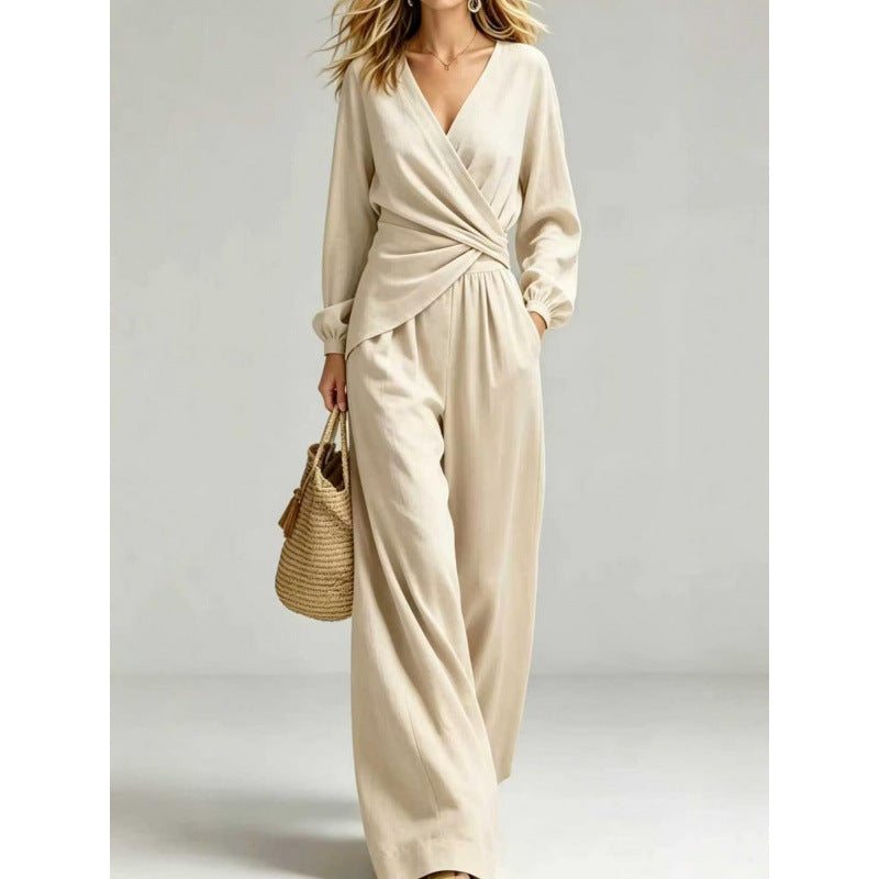 Women's Wrap Jumpsuit with Wide Leg and V-Neck Mune Fashion