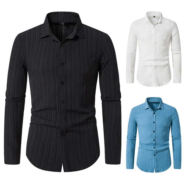 Men's Textured Slim-Fit Shirt with Crinkled Texture and Kent Collar Mune Fashion