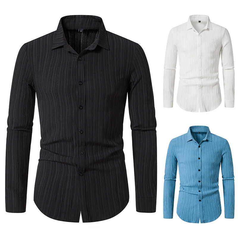 Men's Textured Slim-Fit Shirt with Crinkled Texture and Kent Collar Mune Fashion