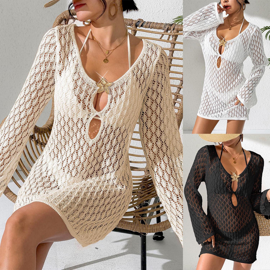 Women crocheted beach cover-up with stylish V-neck and elegant sleeves Mune Fashion