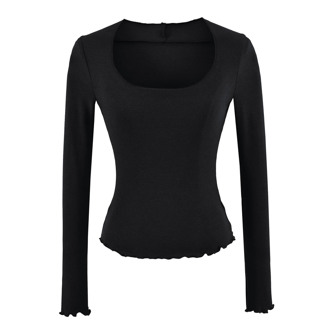 Women Fitted Long Sleeve Fine Knit Top with Square Neckline and Wave Hem Mune Fashion