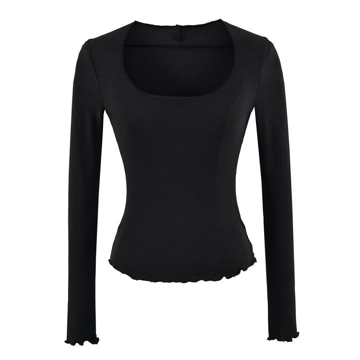 Women Fitted Long Sleeve Fine Knit Top with Square Neckline and Wave Hem Mune Fashion