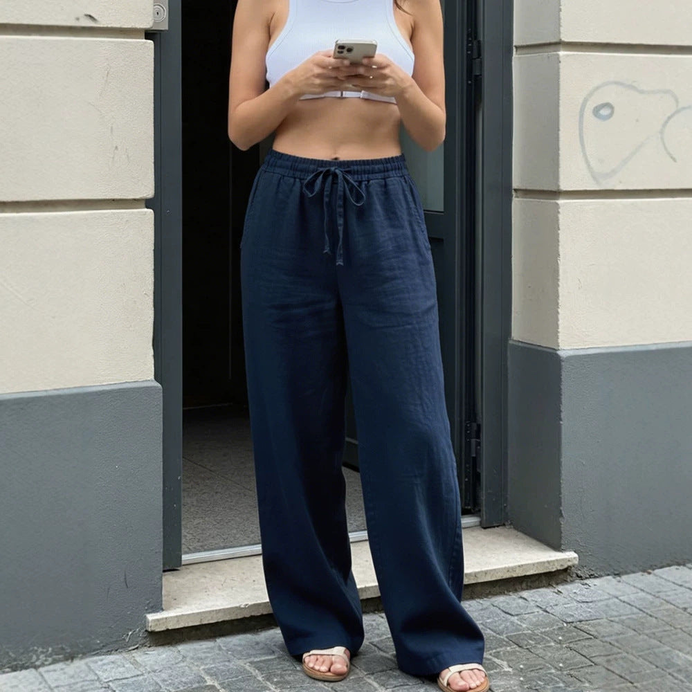 Women Wide Linen Look Pants with Elastic Waistband, Drawstring and Side Pockets Mune Fashion