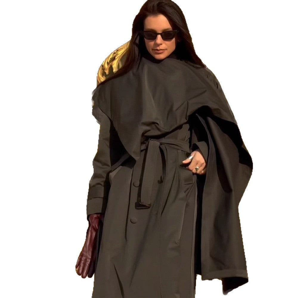 Women's Mid-Length Trench Coat with Poncho-Like Cape Overlay & Boxy Silhouette Mune Fashion