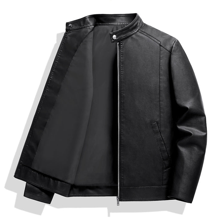 Men's Simple Faux Leather City Jacket with Stand Collar, Two-Way Zipper & Side Pockets Mune Fashion