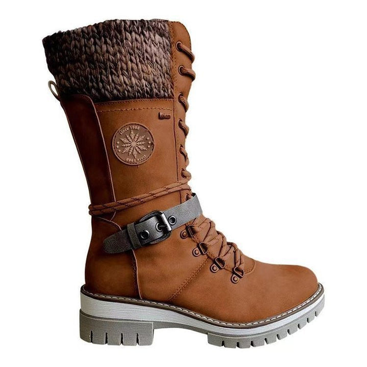 Women's knee-high lace-up boots with knit cuffs, sturdy tread sole, and side zipper Mune Fashion
