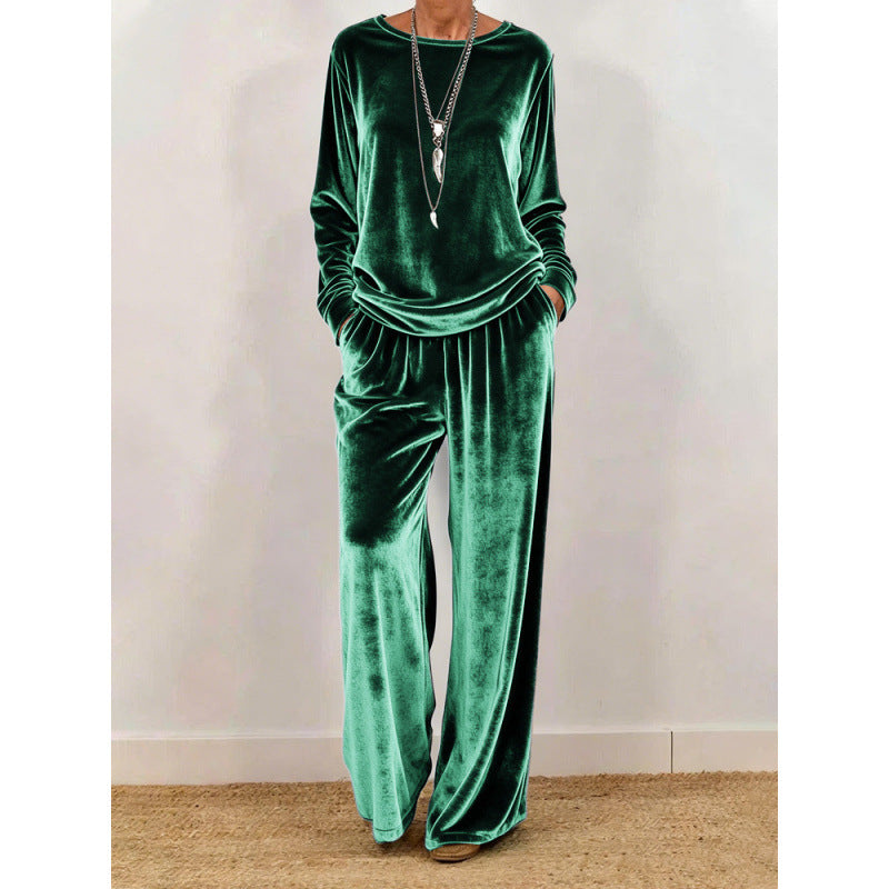 Women Velvet Loungewear Set with Wide Leg, Elastic Waistband and Round Neckline Mune Fashion