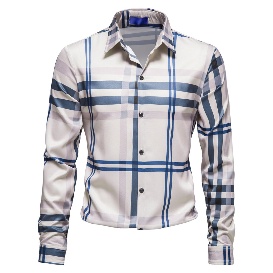 Men's Checkered Slim-Fit Business Shirt with Shark Collar and Fine Shine Mune Fashion