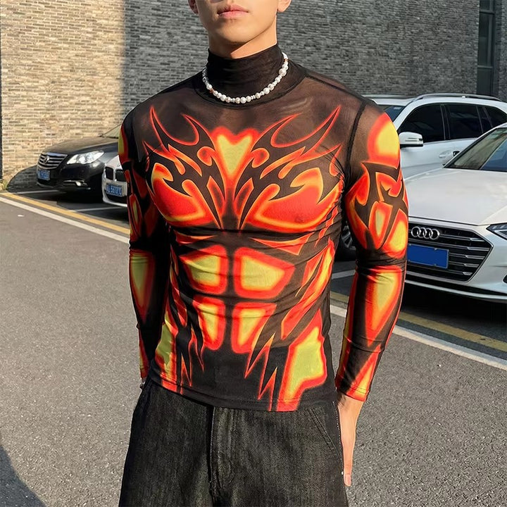 Men's Transparent Mesh Long Sleeve Shirt with 3D Muscle Print Mune Fashion