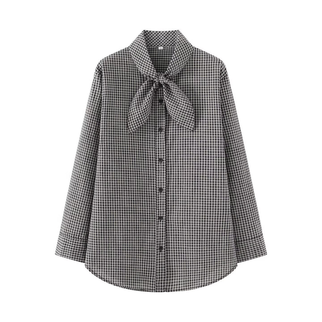 Women's Checked Blouse with Bow Collar and Oversize Cut Mune Fashion