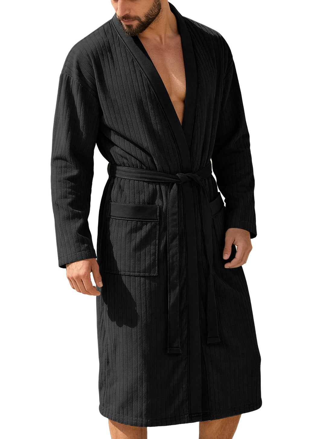Men's knee-length ribbed kimono-style bathrobe with shawl collar and contrast piping Mune Fashion