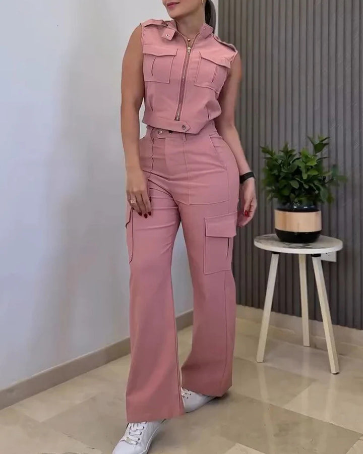Women's Two-Piece Utility Set with High-Waist Cargo Pants and Cropped Vest Drune
