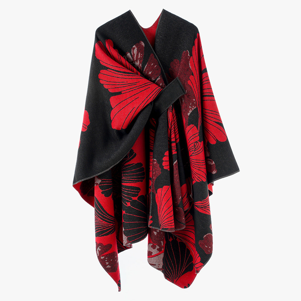 Women’s Jacquard Wrap Poncho with Floral Pattern and Waist Belt Mune Fashion