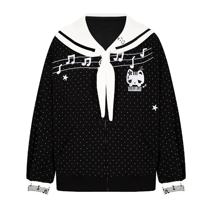 Women's zip-up sweat jacket in sailor style with bow collar, polka dot and music motif Mune Fashion