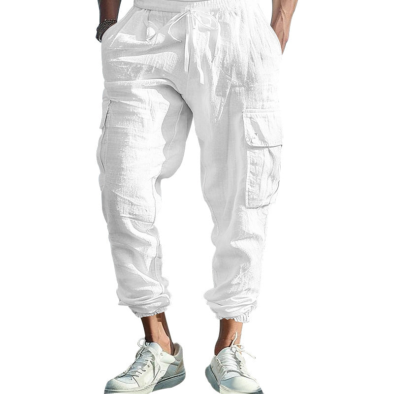 Men's Casual Linen Cargo Joggers with Drawstring Waist, Large Flap Pockets and Elastic Ankle Cuffs Mune Fashion