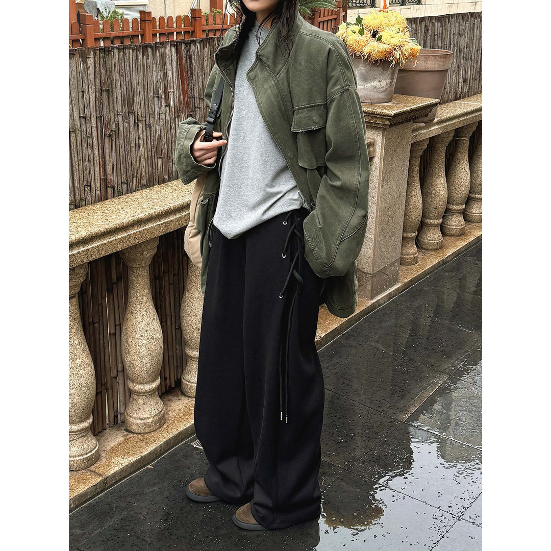 Women wide high-waisted palazzo pants with side lacing Mune Fashion