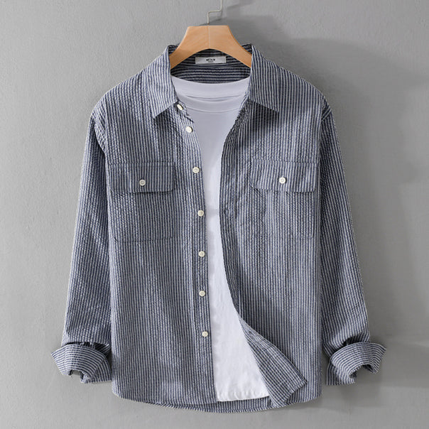 Men's Lightweight Overshirt in Pinstripe Look made of Linen-Cotton Blend with Patch Chest Pockets Mune Fashion